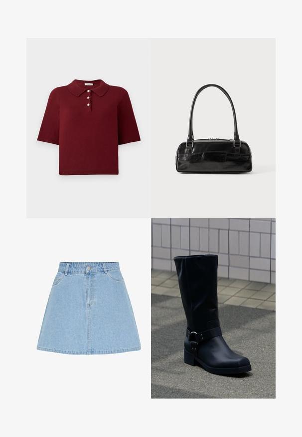 Burgunderrød strikket polo-shirt med korte ærmer, en klassisk krave og fire knaplukninger med runde hvide knapper.; Lyseblå denim A-formet nederdel med frontknapper og lynlås, bæltestropper og to forlommer.; Sort læderstøvle midt på læggen med lav blokhæle og en dekorativ rem med metal spænde rundt om anklen, på en flisebelagt fortov.; Sort læderhåndtaske med rektangulær form, der har et enkelt struktureret håndtag, sølvhardware og lynlås-lukning. Glat tekstur.