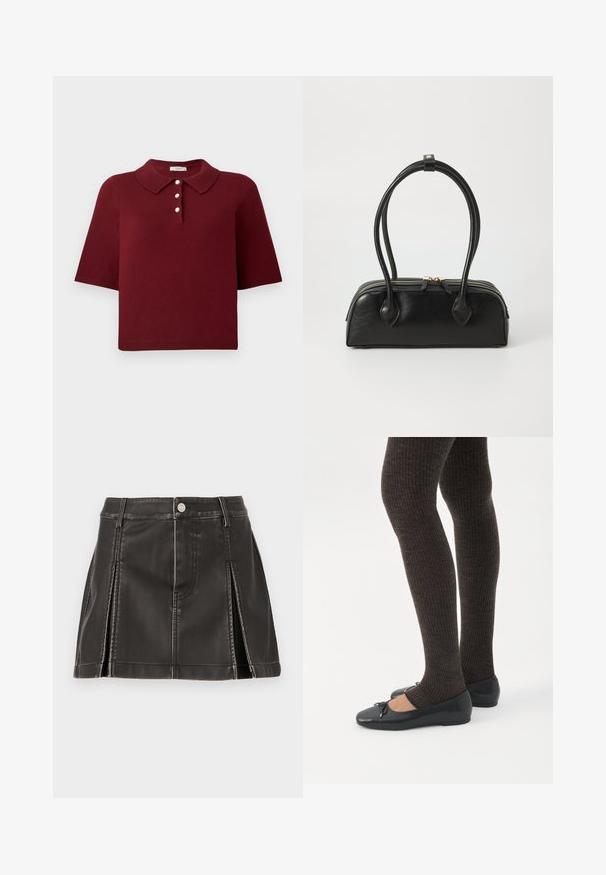 Bordeaux gebreide polo met korte mouwen, een klassieke kraag en een vierknops stolp met ronde witte knopen.; Zwarte faux leren rok met een hoge taille, voorzien van gestikte details en zijplooien. Metalen knoopsluiting aan de voorkant.; Benen met donkere geribbelde leggings gecombineerd met zwarte ballerina's met kleine strikdetails op een witte achtergrond.; Zwarte leren handtas met twee verlengde handvatten, ritsluiting en ronde vorm; gladde textuur met subtiele glanzende afwerking.