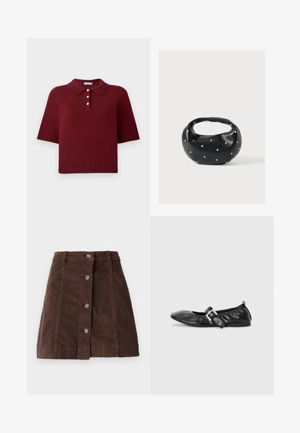 Burgunderfarbener Strick-Polo-Shirt mit kurzen Ärmeln, klassischem Kragen und einer Knopfleiste mit vier runden weißen Knöpfen.; Brauner Cord-Rock im A-Linien-Schnitt mit vorderem Knopfverschluss und Seitentaschen, mit Gürtelschlaufen und vertikalen Nahtdetails.; Schwarze Leder-Ballerinas mit spitzem Zehenbereich, gerafften Details am Schaft und einem silbernen Schnallenakzent am verstellbaren Riemen.; Schwarze Lederhandtasche mit abgerundeter Form, verziert mit silbernen Nietenakzenten und kurzem Griff. Glatte Struktur und Reißverschlussverschluss.