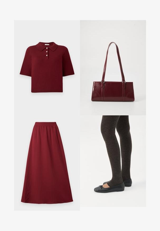 Burgunderrød strikket polo-shirt med korte ærmer, en klassisk krave og fire knaplukninger med runde hvide knapper.; Bordeaux maxi nederdel med elastisk talje, der har et glat, flydende stof og et enkelt, uprydet design.; Ben iført mørke ribbede leggings kombineret med sorte balletsko med små sløjfedetaljer på hvid baggrund.; Bordeaux håndtaske lavet af glansfuldt materiale, rektangulær form, med to skulderremme og subtile buede detaljer på forsiden.