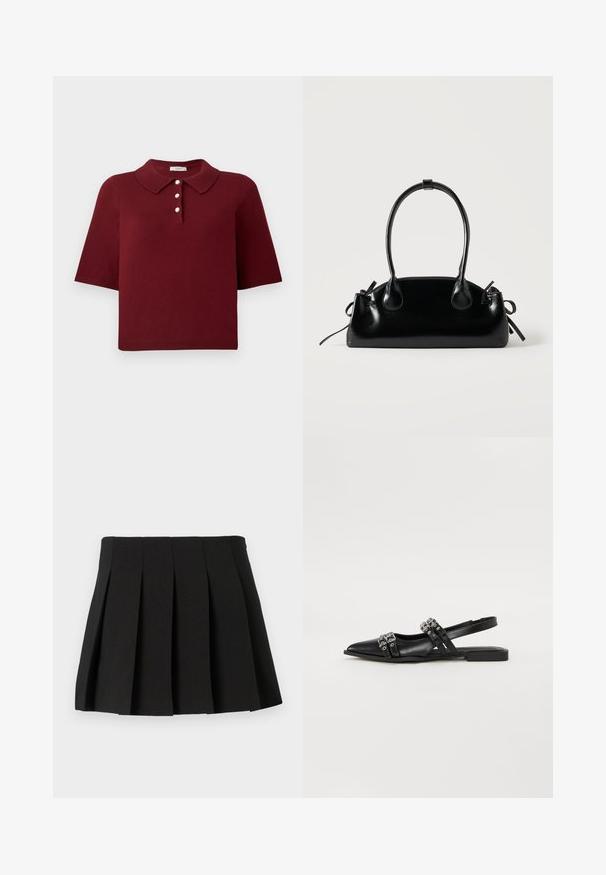 Burgunderfarbener Strick-Polo-Shirt mit kurzen Ärmeln, klassischem Kragen und einer Knopfleiste mit vier runden weißen Knöpfen.; Schwarzer Faltenminirock mit strukturiertem Design, aus glattem Stoff gefertigt. Features einen Taillenbund und gleichmäßig verteilte vertikale Falten.; Even&Odd by Zalando Sling-Ballerina - black; Kleine schwarze glänzende Handtasche mit zwei langen Griffen und seitlichen Kordelzug-Details vor einfachem hellem Hintergrund.