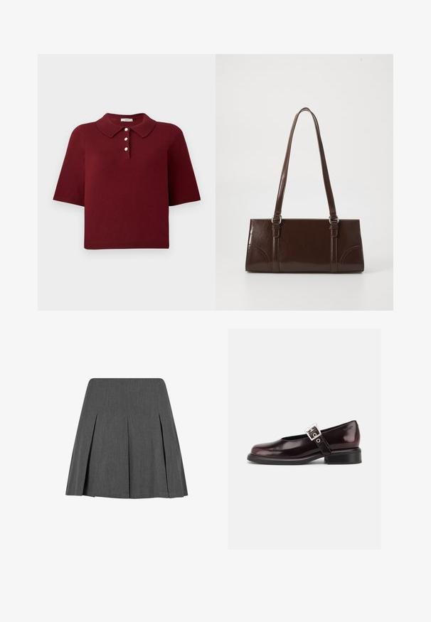 Polo en maille bourgogne avec manches courtes, col classique et patte de boutonnage à quatre boutons ronds blancs.; Jupe plissée grise au design structuré, fabriquée à partir d'un tissu lisse. Présente un ourlet droit et une texture subtile. Pas de matériel visible.; Chaussure Mary Jane unique brillante couleur bordeaux foncé avec une large bride et une boucle argentée, talon bloc bas et bout arrondi sur fond blanc.; Sac à main en cuir verni marron de forme rectangulaire, avec deux longues poignées et des accents courbés subtils à l'avant.
