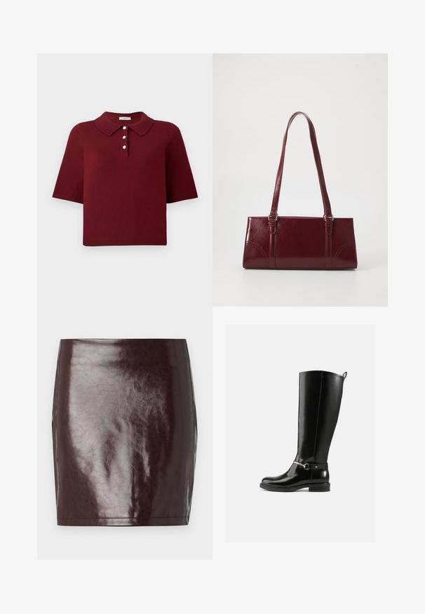 Burgunderrød strikket polo-shirt med korte ærmer, en klassisk krave og fire knaplukninger med runde hvide knapper.; Burgundy faux læder mini-nederdel med en glat, blank tekstur og en tætsiddende silhuet. Har rene linjer og en lige kant.; Sorte knæhøje støvler lavet af blankt læder med en sølvfarvet spænde ved anklen og rundet snude. Flad sål.; Bordeaux håndtaske lavet af glansfuldt materiale, rektangulær form, med to skulderremme og subtile buede detaljer på forsiden.