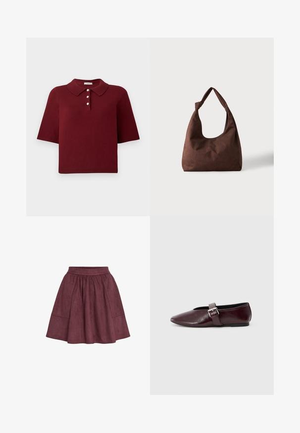Bordeaux gebreide polo met korte mouwen, een klassieke kraag en een vierknops stolp met ronde witte knopen.; Bordeaux suède rok met een flared vorm, elastische tailleband en twee zijzakken, met een zachte textuur en minimalistisch ontwerp.; Bordeaux leren balletschoenen met een puntige neus, een platte zool en een decoratieve gesp over de wreef. Glad, glanzend oppervlak.; Bruine gestructureerde stoffen handtas met een enkele handgreep die in een knoop is gebonden, weergegeven tegen een effen lichte achtergrond.
