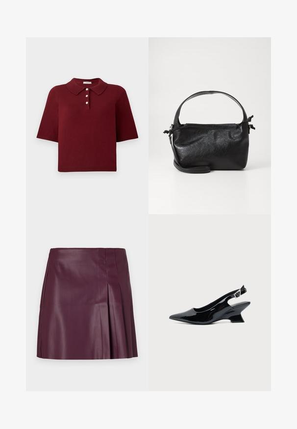Burgunderrød strikket polo-shirt med korte ærmer, en klassisk krave og fire knaplukninger med runde hvide knapper.; ONLY ONLARTZY Short - Mini skirts - mauve wine; Sort laklæder slingback sko med spids tå og lav vinklet blokhæl på ensartet lys baggrund.; Sort læderhåndtaske med et struktureret design, rund tophåndtag og aftagelig skulderrem. Den har en glat tekstur og en subtil glans.