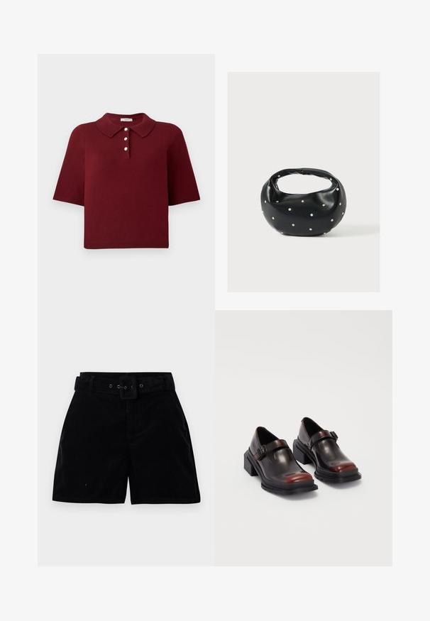 Burgunderfarbener Strick-Polo-Shirt mit kurzen Ärmeln, klassischem Kragen und einer Knopfleiste mit vier runden weißen Knöpfen.; Schwarze High-Waist-Cordshorts mit einem passenden Stoffgürtel und rechteckiger Schnalle auf weißem Hintergrund.; Leder-Blockabsatzschuhe mit glänzender dunkelburgunderfarbener Oberfläche, ausgestattet mit einem Schnallenriemen und einem runden Zehendesign. Texturierte Außensohle für besseren Grip.; Schwarze Lederhandtasche mit abgerundeter Form, verziert mit silbernen Nietenakzenten und kurzem Griff. Glatte Struktur und Reißverschlussverschluss.