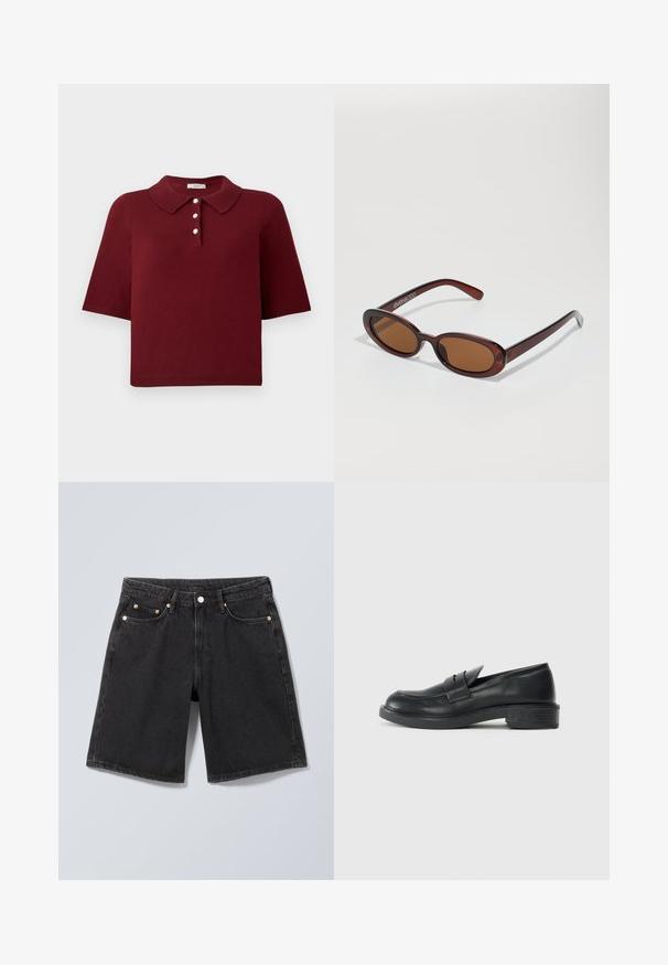 Polo en maille bourgogne avec manches courtes, col classique et patte de boutonnage à quatre boutons ronds blancs.; Short en denim noir avec bouton à l'avant, passants pour ceinture et design à cinq poches, présenté sur un fond gris neutre.; Mocassins en cuir noir avec un bout arrondi, des détails cousus et un petit talon. Texture lisse et semelle en caoutchouc flexible.; Lunettes de soleil rondes teinte brun avec une monture bordeaux brillante. Branches fines avec un détail de marque subtil. Design de verres plats.