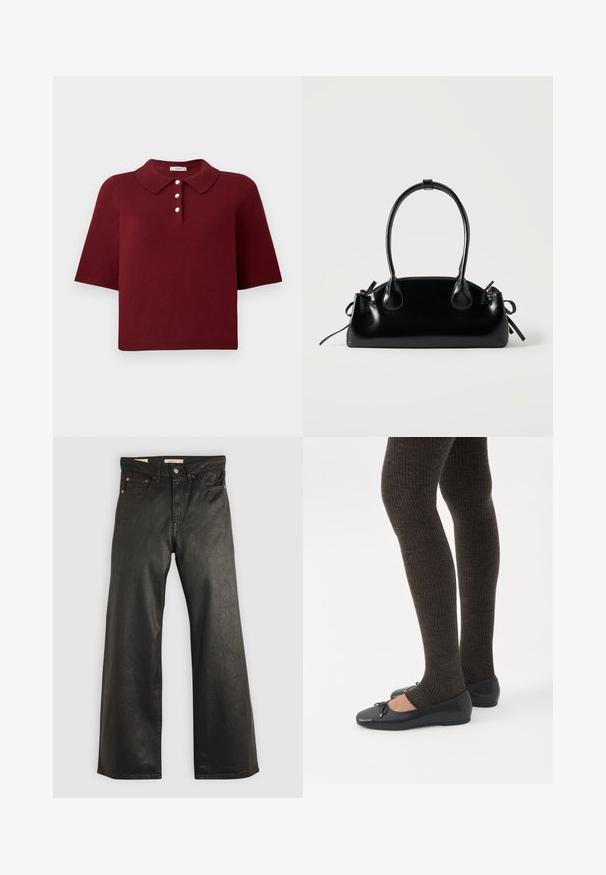 Burgundia nööridega polo särk lühikeste varrukatega, klassikalise kaelusega ja nelja nupuga, millel on ümmargused valged nupud.; Mustad denim laiade jalatsid, millel on sile tekstuur, viie taskuga ja pronksist detailid. Klassikaline nööp-kinnitus.; Jalad seljas tumedad soonelises soonelises kombines mustade baleriinadega, millel on väikesed paelade detailid valgel taustal.; Väike must läikiv käekott kahe pika sangaga ja külgedel paelakinnitustega, ühel lihtsal helel taustal.