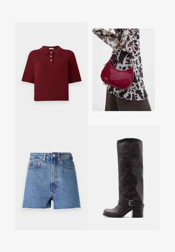 Burgunderfarbener Strick-Polo-Shirt mit kurzen Ärmeln, klassischem Kragen und einer Knopfleiste mit vier runden weißen Knöpfen.; Helleblaue Jeansshorts mit hoher Taille, ausgefranstem Saum und kupferfarbenen Beschlägen. Ausgestattet mit zwei Vordertaschen und klassischem Fünf-Taschen-Design.; Dunkelbrauner kniehoher Lederstiefel mit abgerundetem Zehenbereich, niedrigem Blockabsatz und dekorativem Riemen mit silberner Schnalle in der Nähe des Knöchels.; Frau trägt eine schwarz-weiß gemusterte Bluse und hält eine glänzende rote Schultertasche vor einem einfarbigen Hintergrund.