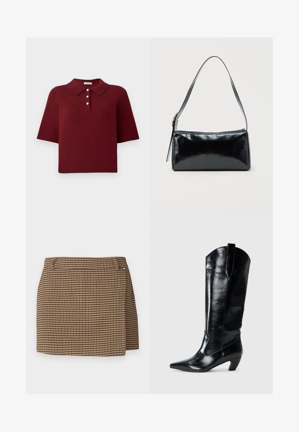 Burgunderrød strikket polo-shirt med korte ærmer, en klassisk krave og fire knaplukninger med runde hvide knapper.; Brun og beige houndstooth-mønstereret miniskørt med en lille omslagseffekt og bæltestropper på en hvid baggrund.; Sorte læderknæhøje støvler med spids tå, lav hæl og dekorative syninger på siderne. Glat, blank overflade.; Sort rektangulær skuldertaske med en enkelt justerbar rem og lynlås i toppen på en ensfarvet baggrund.