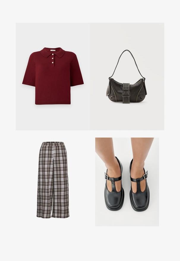 Burgunderrød strikket polo-shirt med korte ærmer, en klassisk krave og fire knaplukninger med runde hvide knapper.; Bredder bukser med ruder i brune, hvide og grå nuancer; elastisk talje; blødt stof; har et klassisk ternet mønster.; Sorte lædersko med T-rem-design, lukket tå og sølvfarvede spændeaccenter. Glat tekstur med rundet tå og flad sål.; Sort læder skuldertaske med spænde på remmen, afrundede kanter og kontrasterende hvide syninger på en ensfarvet baggrund.