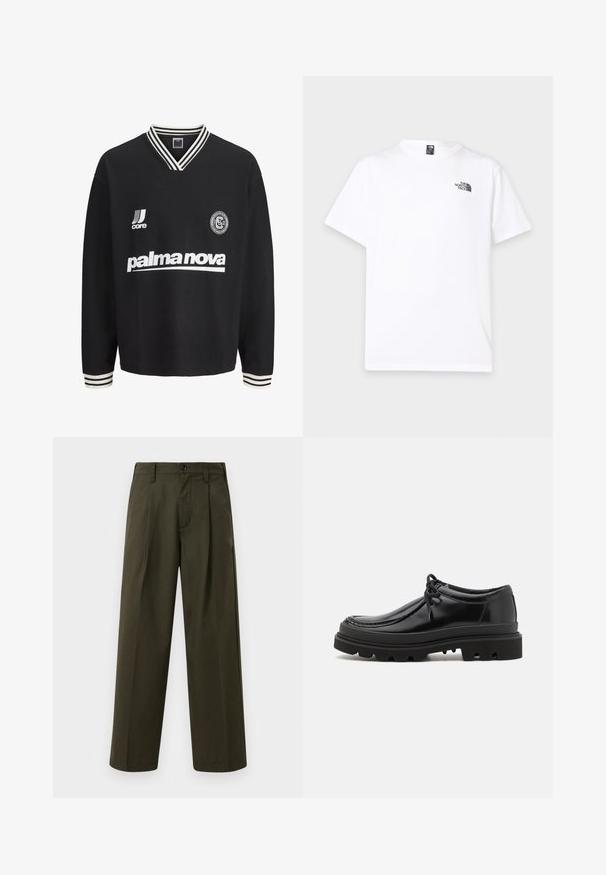 Sort langærmet sportsjersey med hvidstribet V-hals og manchetter, hvid "palma nova" tekst, logoer på brystet.; Hvid T-shirt med korte ærmer, rund hals og lille sort The North Face-logo på venstre øverste bryst.; Olivengrønne wide-leg bukser lavet af bomuld med en glat tekstur, der har en frontlomme, bæltesløjfer og en enkelt knaplukning.; Sorte læder derby-sko med et strømlinet design, rund tå og struktureret gummisål med dybe riller for bedre greb.