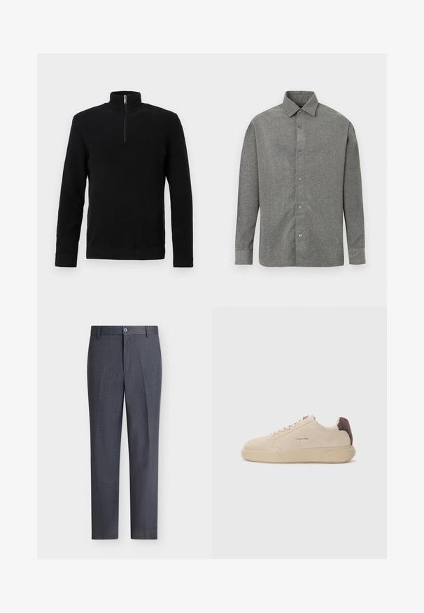 Pull-over texturé noir à manches longues avec un col montant à demi-fermeture éclair et des poignets et ourlets côtelés, présenté sur un fond blanc.; Chemise grise à boutons dans un tissu texturé, avec un col classique et des manches longues avec des fermetures à bouton sur le devant.; Pantalon habillé sur mesure gris foncé avec fermeture par bouton et zip, passants de ceinture et coupe droite sur fond blanc.; Baskets en daim beige avec un bout rond, lacets à l'avant et un accent en daim marron sur le talon. Dotées d'une semelle en caoutchouc texturé.
