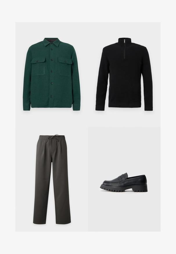 Pull-over texturé noir à manches longues avec un col montant à demi-fermeture éclair et des poignets et ourlets côtelés, présenté sur un fond blanc.; Veste chemise texturée verte avec un col, deux poches avant et des boutons noirs, fabriquée à partir d'un matériau doux et tissé.; Pantalon droit gris foncé avec taille élastique et cordon, présenté à plat sur un fond clair.; Mocassins en cuir noir avec un bout arrondi, présentant une sangle décorative et une semelle en caoutchouc épaisse avec de profonds crampons pour une meilleure adhérence.