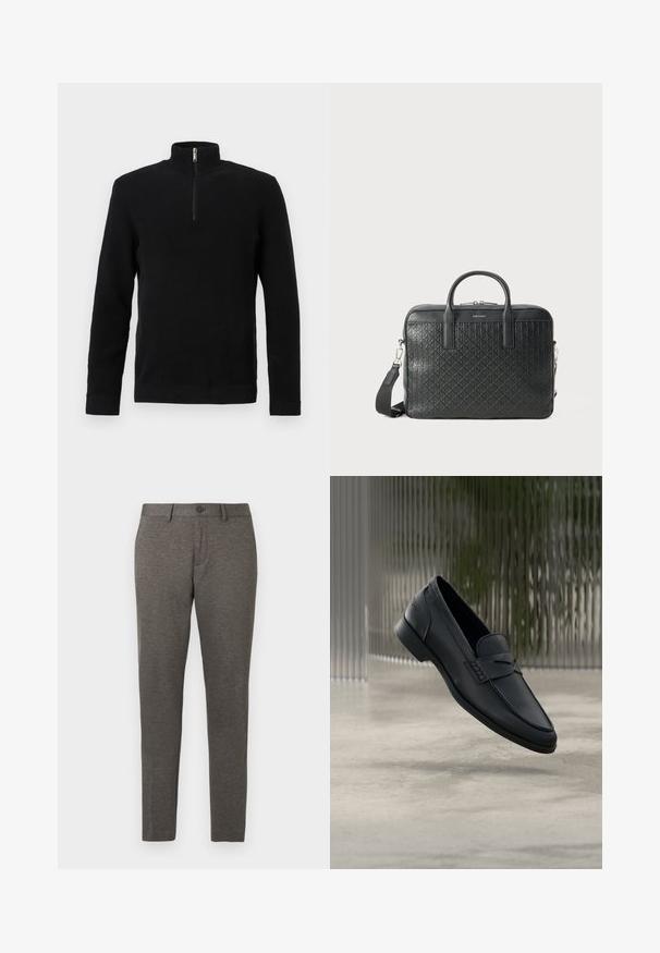 Sort langærmet tekstureret pullover-trøje med halv lynlås og høj krave samt ribstrikkede manchetter og kant, vist på hvid baggrund.; Grå tapered bukser med et tekstureret stof, der har forskydninger i lommerne og en enkelt knaplukning i taljen. Kan maskinvaskes.; Sort læderloafer med glat finish, spids tå og sømdetaljer over vristen. Lav hæl og minimalistisk design.; Sort lædertaske med et quiltet diamantmønster, dobbelte håndtag og en aftagelig skulderrem. Har et strømlinet rektangulært design.
