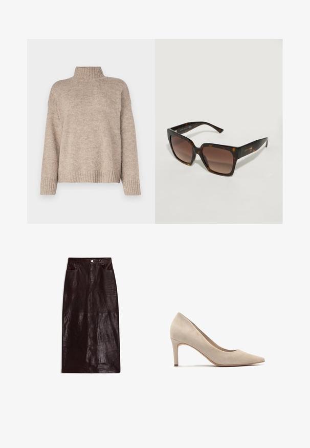 Beige strikket sweater med høj ribkant, løs pasform og ribkantede mansjetter og kant. Blød tekstur med et afslappet design.; Brun lædernederdel, knælang, med en glat overflade, forneden lommer og en enkelt knappelukning i taljen.; Beige ruskind højhælede sko med spids tå og en 7 cm hæl. Glat tekstur, minimalistisk design og en strømlinet silhuet.; Skildpaddedesign solbriller med firkantede linser og gradient brun nuance. Glat overflade, tynde arme og logo detalje på rammen.
