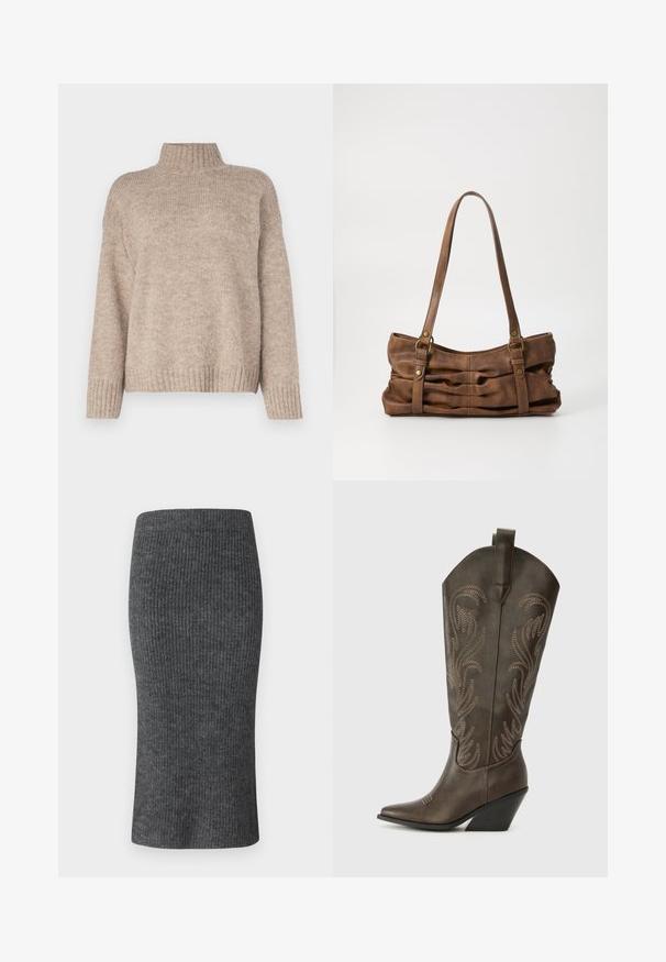 Beige strikket sweater med høj ribkant, løs pasform og ribkantede mansjetter og kant. Blød tekstur med et afslappet design.; Grå ribbet blyantskørt med en tætsiddende facon, høj talje og glat tekstur. Designet til en strømlinet silhuet.; Brune læder cowboystøvle med spids tå, kilehæl og dekorativ broderi. Har en høj stok og en trækflap.; Even&Odd Håndtasker - brown