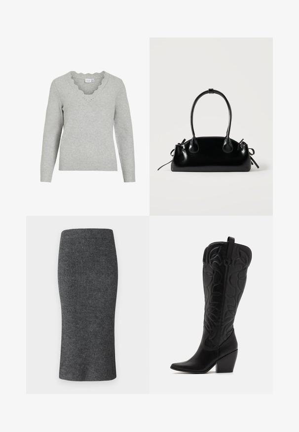 Lys grå sweater med lange ærmer og V-udskæring. Har scallopedkant detaljer og en blød strikket tekstur. Minimalistisk design.; Grå ribbet blyantskørt med en tætsiddende facon, høj talje og glat tekstur. Designet til en strømlinet silhuet.; Sorte knæhøje støvler i læder med spids snude og lagdelt hæl. Har dekorative syninger og buede designelementer.; Lille sort blank håndtaske med to lange håndtag og snøre-detaljer i siden på en ensfarvet lys baggrund.
