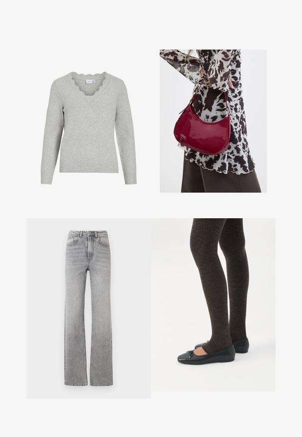 Lys grå sweater med lange ærmer og V-udskæring. Har scallopedkant detaljer og en blød strikket tekstur. Minimalistisk design.; Slidsegrå denimjeans med lige ben, knap- og lynlåsclosure, frontlommer og bæltestropper på en hvid baggrund.; Ben iført mørke ribbede leggings kombineret med sorte balletsko med små sløjfedetaljer på hvid baggrund.; Kvinde iført en sort- og hvidmønstret bluse, der holder en blank rød skuldertaske mod en ensfarvet baggrund.