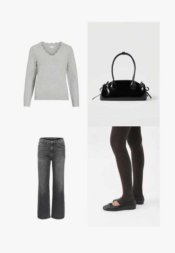 Hellgrauer Pullover mit langen Ärmeln und V-Ausschnitt. Mit gewellten Saumdetails und einer weichen Strickstruktur. Minimalistisches Design.; Weite Jeans aus dunkelgrauem Denim mit klassischem Fünf-Taschen-Design, genähten Details und einem Knopfverschluss an der Taille.; Beine in dunklen, gerippten Leggings kombiniert mit schwarzen Ballerinas mit kleinen Schleifendetails auf weißem Hintergrund.; Kleine schwarze glänzende Handtasche mit zwei langen Griffen und seitlichen Kordelzug-Details vor einfachem hellem Hintergrund.