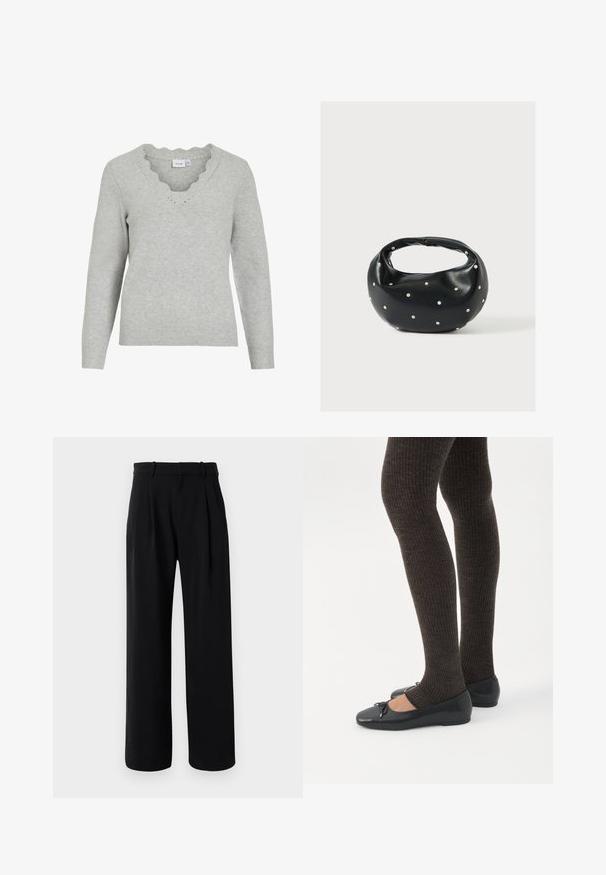 Lys grå sweater med lange ærmer og V-udskæring. Har scallopedkant detaljer og en blød strikket tekstur. Minimalistisk design.; Sorte højtaljede skræddersyede bukser med brede ben, bæltestropper og frontpliser mod en hvid baggrund.; Ben iført mørke ribbede leggings kombineret med sorte balletsko med små sløjfedetaljer på hvid baggrund.; Sort læderhåndtaske med en rundet form, dekoreret med sølvnitter, og et kort håndtag. Glat tekstur og lynlåslukning.