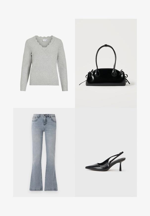 Pull gris clair à manches longues et décolleté en V. Présente des détails à bords festonnés et une texture tricot douce. Design minimaliste.; Jean en denim bleu clair avec une coupe évasée, fermeture à bouton et zipper à l'avant, et un design classique à cinq poches.; Chaussure à talon haut en cuir noir, à bride arrière, avec un bout pointu et un talon fin sur fond blanc.; Petit sac à main noir brillant avec deux longues anses et des détails à cordon sur les côtés sur un fond clair uni.