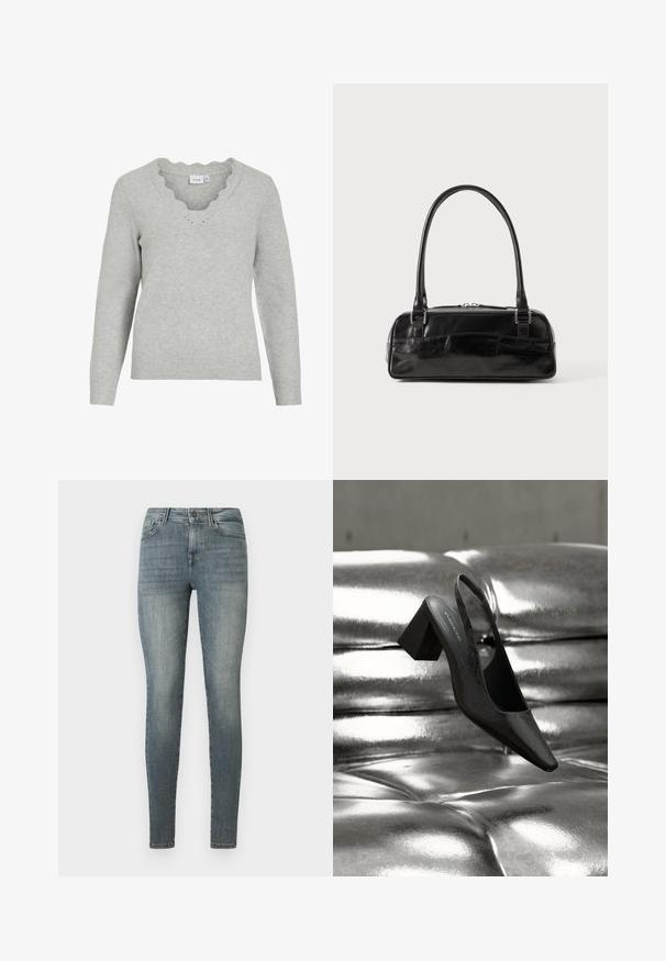 Lichtgrijze trui met lange mouwen en een V-hals. Heeft een scalloped randafwerking en een zachte brei-textuur. Minimalistisch ontwerp.; Blauw-grijze slim-fit vrouwenjeans met een knoop- en ritssluiting, voor- en achterzakken, en een lichte vervaging op de dijen.; Zwarte slingback hak met een puntige neus, voorzien van een getextureerd oppervlak en een stevige blokhak. Geplaatst tegen een glanzende, metallic achtergrond.; Zwarte leren handtas met een rechthoekige vorm, voorzien van een enkele gestructureerde handgreep, zilveren hardware en ritsluiting. Gladde textuur.