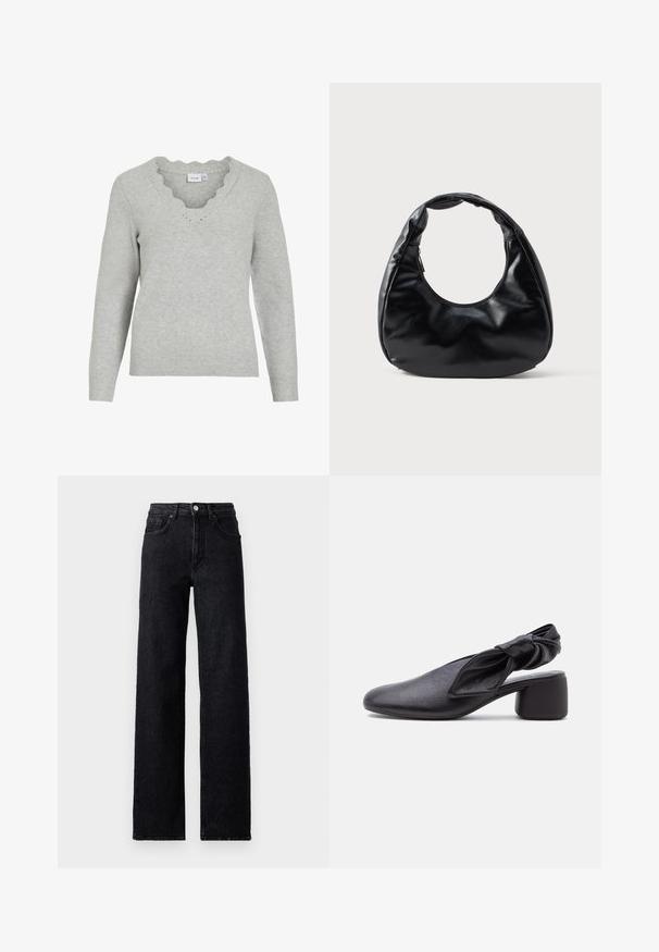 Lys grå sweater med lange ærmer og V-udskæring. Har scallopedkant detaljer og en blød strikket tekstur. Minimalistisk design.; Højtaljede sorte denim jeans med knap- og lynlåslukning, for- og baglommer samt lige ben.; Sort læder slingback-sko med rundet tå, detaljer med knyttet rem og lav blokhæl på hvid baggrund.; Sort faux læder håndtaske med en unik halvmåneform, et bredt, polstret håndtag og en lynlåslukning. Glat, blank tekstur og minimalistisk design.