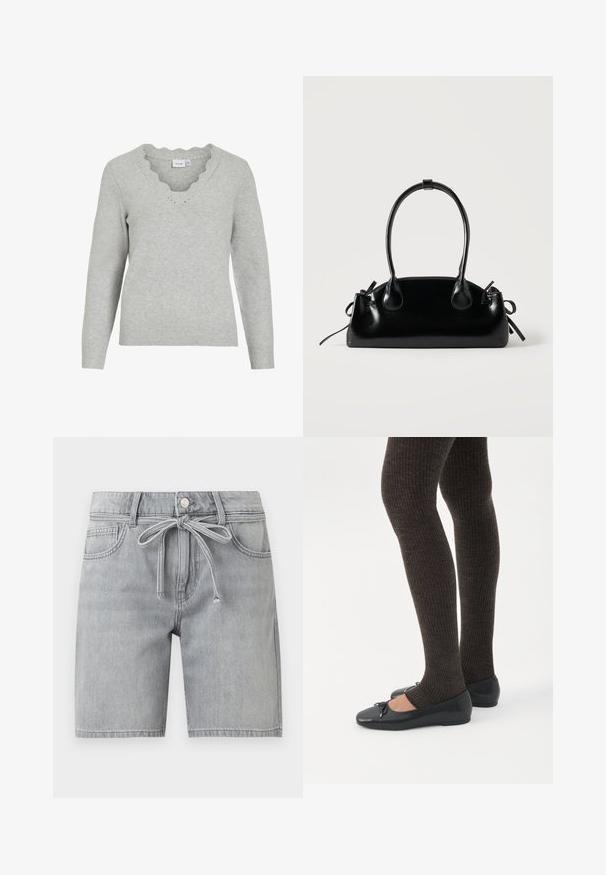 Pull gris clair à manches longues et décolleté en V. Présente des détails à bords festonnés et une texture tricot douce. Design minimaliste.; Short en jean gris clair avec poches avant, passants de ceinture, fermeture par bouton et ceinture en tissu assorti à la taille.; Jambes portant des leggings côtelés foncés associés à des ballerines noires avec de petits détails en nœud sur fond blanc.; Petit sac à main noir brillant avec deux longues anses et des détails à cordon sur les côtés sur un fond clair uni.
