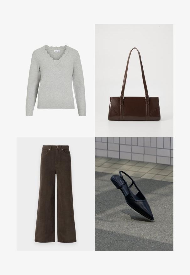 Pull gris clair à manches longues et décolleté en V. Présente des détails à bords festonnés et une texture tricot douce. Design minimaliste.; Pantalons en velours côtelé larges marron foncé avec poches avant, passants de ceinture et fermeture à boutons à la taille.; Chaussure plate noire à bout pointu avec bride arrière, flottant au-dessus d'une surface en bitume à côté d'un trottoir carrelé.; Sac à main en cuir verni marron de forme rectangulaire, avec deux longues poignées et des accents courbés subtils à l'avant.