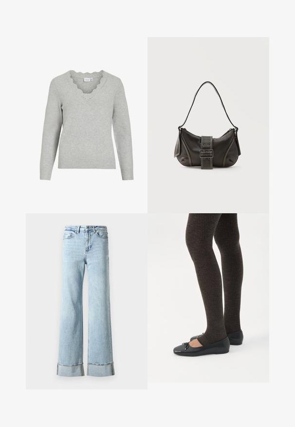 Suéter gris claro de manga larga y escote en V. Presenta detalles con borde festoneado y una textura de punto suave. Diseño minimalista.; Jeans de mezclilla de color azul claro con piernas anchas, dobladillos deshilachados y detalles decorativos de strass en los puños. Diseño estándar de cinco bolsillos.; Piernas con leggings oscuros acanalados combinados con bailarinas negras que presentan pequeños detalles de lazo sobre un fondo blanco.; Bolso de hombro de cuero negro con detalle de correa con hebilla, bordes curvos y costuras blancas en contraste sobre un fondo liso.