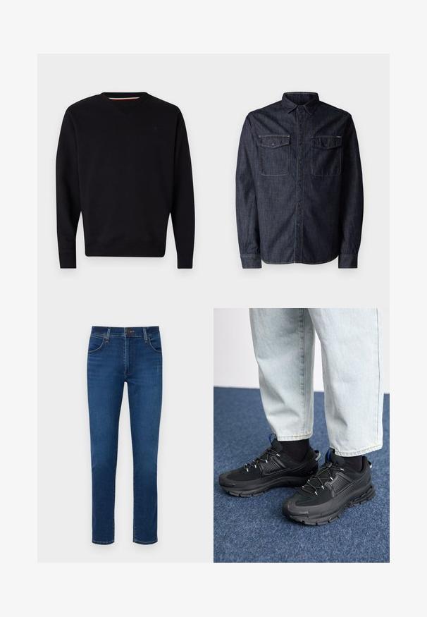 Replay Sweatshirt - black; Replay Hemd - dark blue; Dunkelblaue Jeans aus Denim mit geradem Bein, vorderen Taschen und einem Knopfverschluss am Bund. Glatte Textur, minimale Details.; Schwarze Sportschuhe aus strukturiertem Stoff mit Gummisohlen, ausgestattet mit elastischen Schnürsenkeln und einem blauen Akzent an der Ferse. Getragen mit hellen Jeans.