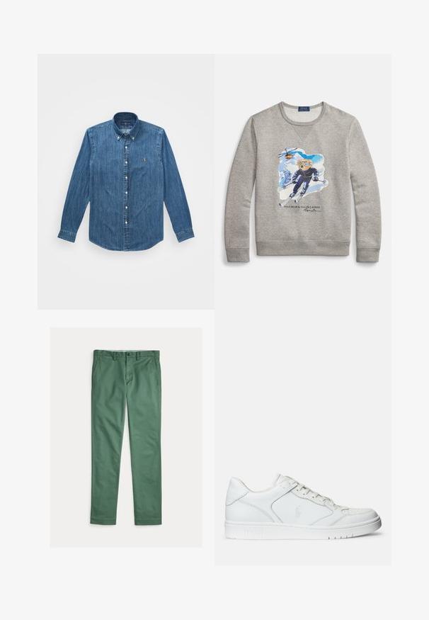 Harmaa collegeneule pyöreällä kaula-aukolla, jossa on grafiikka sinisen ja valkoisen sävyissä hiihtävästä karhusta teksturoidun taustan edessä.; Denim-paita, jossa on pitkät hihat, nappikaulus ja hienovarainen pystyraitakuositus, keskitummansinisessä värissä logoteemalla.; Vihreät suorat miesten housut, joissa etutaskut, vyölenkit ja nappikiinnitys, esitettynä tasaisena valkoisella taustalla.; Valkoinen nahkakenkä, jossa on sileä pinta, varustettuna rei'itetyllä varpaalla, nauhakäytöllä ja brodeeratulla logolla sivulla. Valkoinen kumipohja.