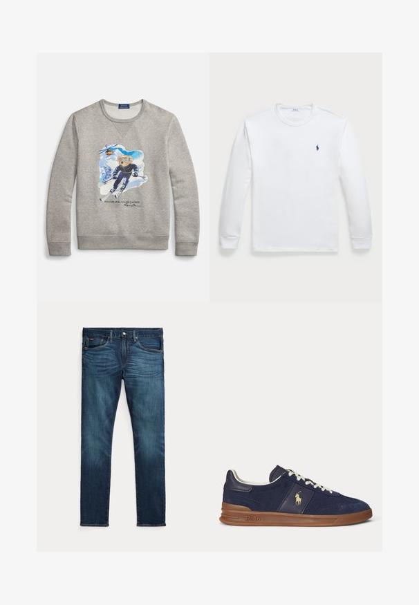 Sudadera gris con cuello redondo, con una imagen gráfica de un oso esquiando en azul y blanco sobre un fondo texturizado.; Camiseta de manga larga blanca hecha de algodón, con escote redondo y un pequeño logo azul marino en el lado izquierdo del pecho. Textura suave, diseño simple.; Vaqueros azul oscuro de corte ajustado con botón y cremallera delanteros, cinco bolsillos y un sutil efecto desgastado en la parte frontal de los muslos y las rodillas.; Zapatilla deportiva baja azul marino con cordones blancos, suela marrón y logo de jugador de polo en el lateral, vista desde la izquierda.