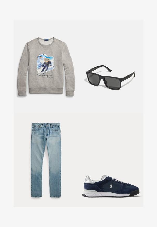 Grijze sweatshirts met een ronde hals, met een afbeelding van een skiër in blauwe en witte kleuren tegen een gestructureerde achtergrond.; Lichtblauwe rechte spijkerbroek met vijf zakken, knoopsluiting en subtiele vervaagde details rond de dijen en knieën.; Heren Polo sneaker in marineblauw en wit met suède en mesh panelen, witte veters en het Polo-logo aan de zijkant en hiel.; Zwarte rechthoekige zonnebril met donkere lenzen en matte afwerking. Voorzien van het ingekruide "POLO"-logo op de armen en een robuust frameontwerp.