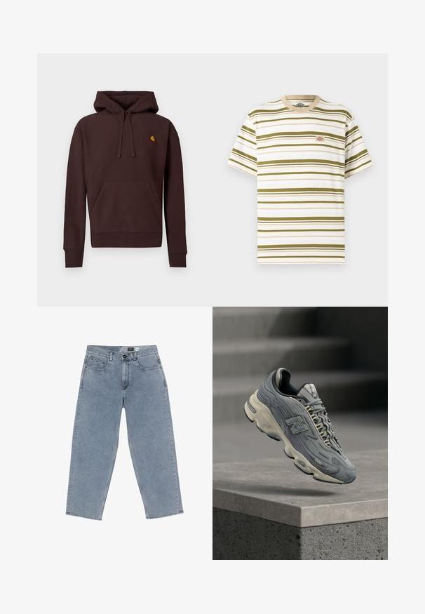 Brun hættetrøje lavet af bomuld, med en kængurulomme, ribstrikkede manchetter og et lille broderet logo på brystet.; Hvid t-shirt med korte ærmer med olivengrønne, horisontale striber og et lille rektangulært logopatch på venstre bryst.; Lysblå denim brede bukser med knaplukning, fem lommer og lige ben. Blød tekstur, minimal falming og ren syning.; Grå New Balance 1000-sneaker med cremefarvet sål, snørebånd og mærkning, svævende over en betonkanter med slørede trapper i baggrunden.