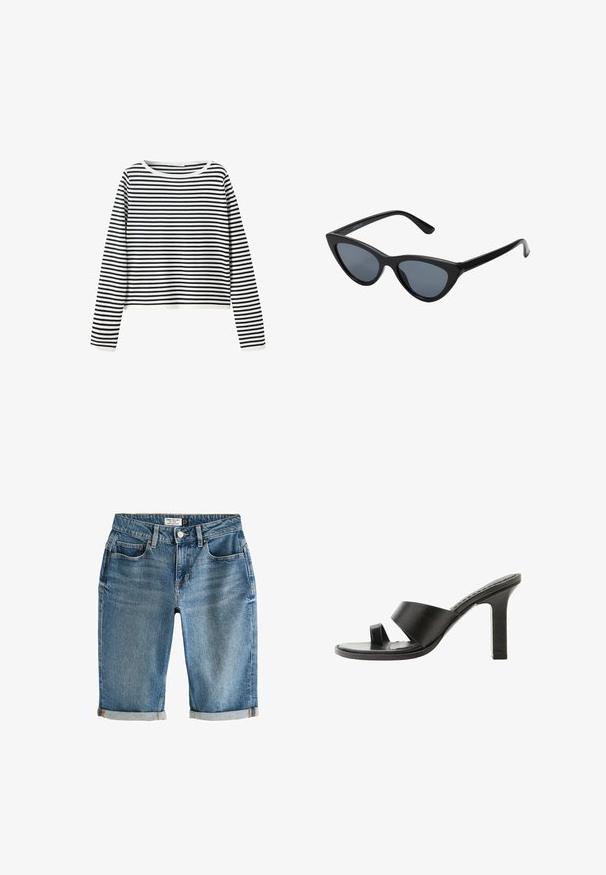 Langarmshirt met zwart-witte horizontale strepen en een ronde hals op een effen witte achtergrond.; Blauwe denim knielange shorts met een omgeslagen zoom, vijf zakken en een metalen knoopsluiting. Stof heeft een licht vervaagde uitstraling.; Zwarte sandaal met hoge hak, brede band over de voet en teenlus, zijaanzicht op een witte achtergrond.; Zwarte cat-eye zonnebril met donkergrijze lenzen, slank plastic frame, puntige hoeken en rechte pootjes. Geen zichtbare hardware of accenten.