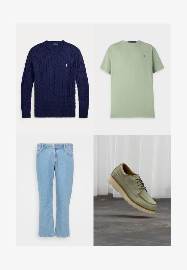 Marineblå kabelstrikket sweater med lange ærmer, ribstrikkede manchetter og kant, rund hals og lille hvid broderet Polo Ralph Lauren-logo på brystet.; Lysegrøn t-shirt med korte ærmer og rund hals, med lille broderet Polo Ralph Lauren-logo på venstre bryst.; Lyseblå denim jeans med lige ben-design, der har en fem-lomme stil og en knaplukning i taljen.; Grøn ruskindssko med glat tekstur, rundet tå og brune snørebånd. Har en tyk cremefarvet sål og et logo på siden.