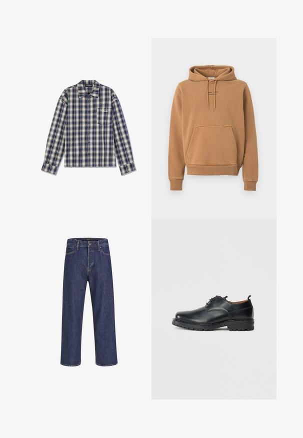 Brun hoodie med en frontlomme, snørelukning i hætten og logo tekst på brystet. Lavet af blødt stof med en let struktureret overflade.; Langærmet ternet skjorte i marineblå og crème med knaplukning foran, krave og en lille brystlomme med hvid tekst.; Mørkeblå denimjeans med lige snit, fem-lomme design, metalknaplukning og kontrasterende syninger, der har en subtil tekstur.; Sorte læder derby-sko med en glat overflade, rund tå, snøre-design og en tyk, robust gummisål.