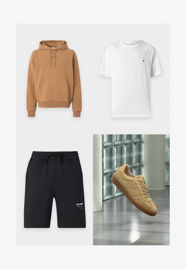 Hoodie marron avec une poche avant, capuche à cordon de serrage et texte logo sur la poitrine. Fabriqué en tissu doux avec une finition légèrement texturée.; T-shirt en coton blanc à col rond, manches courtes, avec un petit logo noir sur la poitrine. Texture douce, coupe décontractée.; Shorts en coton noir avec une taille élastique, un cordon de serrage et des détails de logo blanc. Texture lisse et design à longueur de genou.; Baskets beiges en daim avec semelle en gomme, design à lacets, flottant à l'intérieur sur un sol en béton poli près d'un mur en blocs de verre.