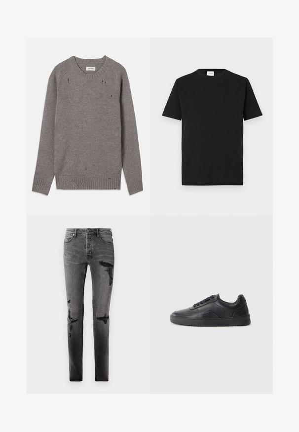 Grauer Strickpullover mit Rundhalsausschnitt, gerippten Bündchen und Saum, der subtile Used-Details an den Schultern und am unteren Rand aufweist.; Schwarzes Baumwoll-T-Shirt mit Rundhalsausschnitt und kurzen Ärmeln. Hat einen geraden Schnitt und ein minimalistisches Design, mit einem sichtbaren Etikett am Kragen.; Schwarze Denim-Jeans mit Rissdetails, schlankem Schnitt, fünf Taschen und klassischem Reißverschluss. Abgetragenes Aussehen mit verblassten Stellen.; Schwarze Leder-Sneaker mit glatter Oberfläche, abgerundeter Zehenpartie, strukturiertem Seitenpaneel und schwarzen Schnürsenkeln. Verfügt über eine flache Gummisohle und ein minimalistisches Design.