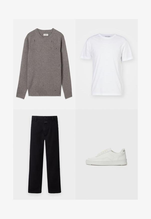 Grauer Strickpullover mit Rundhalsausschnitt, gerippten Bündchen und Saum, der subtile Used-Details an den Schultern und am unteren Rand aufweist.; Weißes Baumwoll-T-Shirt mit Rundhalsausschnitt, kurzen Ärmeln und geradem Schnitt. Keine Muster oder Verzierungen, glatte Textur und schlichtes Design.; Schwarze Baumwollhosen mit geradem Bein, ausgestattet mit einem Frontverschluss aus Knopf und Reißverschluss sowie seitlichen Taschen. Einfacher und vielseitiger Stil.; Weiße Ledersneaker mit glatter Oberfläche, runder Zehenpartie, flachen Schnürsenkeln und strukturiertem Sohlenprofil. Mit einem dezenten Logo an der Ferse.
