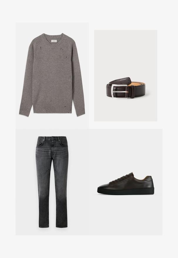 Grijze gebreide trui met een ronde hals, geribde boorden en onderrand, met subtiele slijtage-details op de schouders en onderkant.; Zwarte denim jeans met een rechte snit, vijf-pocketontwerp en subtiele vervaging. Voorzien van een knoopsluiting en lussen voor een riem. Gladde textuur.; Low-profile donkerbruine leren sneaker met zwarte rubberen zool, veters aan de voorkant en een strak minimalistisch design op een lichte achtergrond.; Opgerolde donkerbruine gestructureerde leren riem met zilveren rechthoekige gesp gegraveerd met "Tiger of Sweden" op een lichte achtergrond.