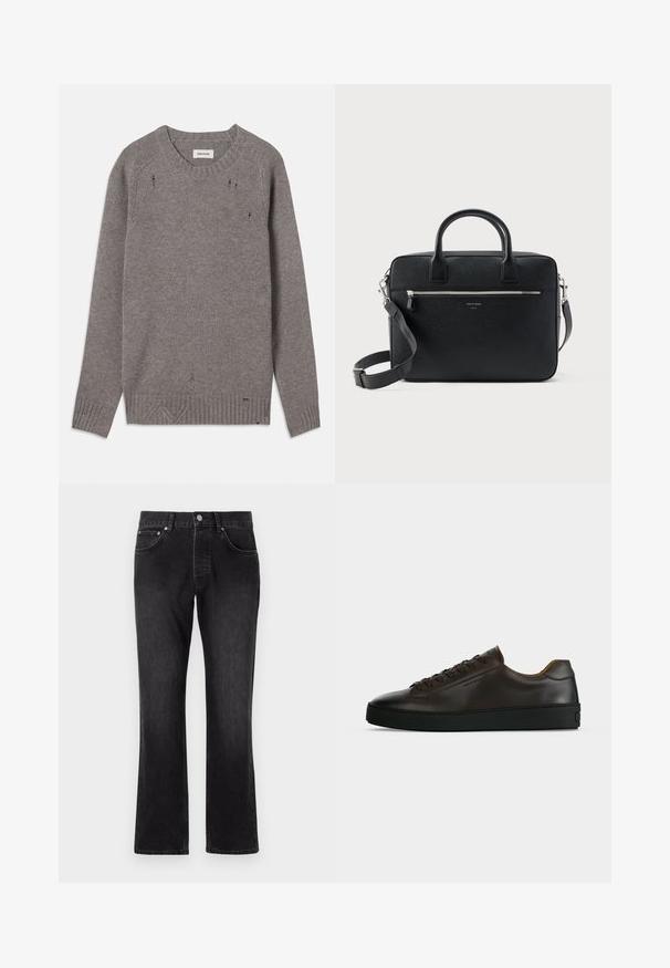 Grauer Strickpullover mit Rundhalsausschnitt, gerippten Bündchen und Saum, der subtile Used-Details an den Schultern und am unteren Rand aufweist.; Schwarze Denim-Jeans mit geradem Bein, mittlerer Taillenhöhe, Fronttaschen und klassischem Knopfverschluss.; Flach geschnittener dunkelbrauner Ledersneaker mit schwarzer Gummisohle, Schnürung vorne und schlicht-minimalistischem Design auf hellem Hintergrund.; Schwarze strukturierte rechteckige Lederaktentasche mit Doppelgriffen, vorderer Reißverschlusstasche und verstellbarem Schultergurt, auf weißem Hintergrund dargestellt.