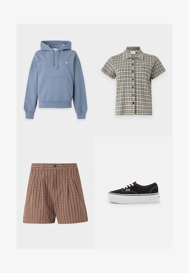 Sweat à capuche bleu à enfiler avec poche avant, cordon de serrage à la capuche, poignets et bas côtelés, et petit logo blanc sur le côté gauche de la poitrine.; Chemise à manches courtes avec motif à carreaux jaune, noir et blanc et un col, présentée sur un fond uni.; Shorts marron à carreaux pour hommes avec bouton à l'avant et passants pour ceinture, présentant un motif à carreaux classique.; Baskets en toile noires avec une semelle en caoutchouc blanc, dotées de lacets et de coutures blanches, marquage emblématique sur le côté, design basse.