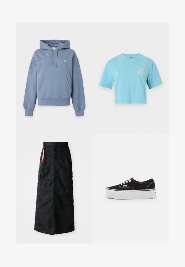 Sinine pullover-tüüpi kapuutsiga dressipluus esitasku, nööriga kapuuts, soonikkoesääred ja ääris ning väike valge logo vasakul rinnal.; Hele sinine lühendatud lühikeste varrukatega t-särk ümara kaela ja vasakule rinnale väikese valge abstraktse mustriga.; Must muströöm muströöm koos esise nupu ja tõmblukuga, külgmiste cargo-kottidega ning punase "Eemalda enne lendu" kangast sildiga vöökohtadel.; Must musta tennis jalanõud valge kummi platvormi tallaga, valgete paelte ja õmblustega, ikoonilise kaubamärgiga küljes, madala lõikega disain.