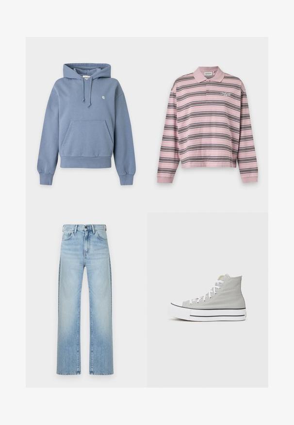 Blå pullover hættetrøje med frontlomme, snøretrækshætte, ribkantede ærmer og kant samt lille hvidt logo på venstre bryst.; Langærmet lyserød polo med sorte og hvide vandrette striber og to-knaps lukning, med et lille broderet logo på brystet.; Lyseblå, højtaljede jeans med lige ben, foran lukket med knapper og lynlås, med fem lommer på ensfarvet baggrund.; Høj-top sneakers i lys grå canvas, med hvide snørebånd, en hvid gummisål og en sort stribe langs bunden.