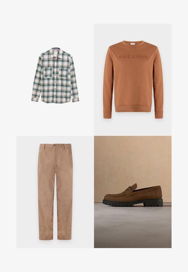 Brun langærmet crewneck-sweatshirt med præget tekst "TOM TAILOR 1962" på brystet, vist på en ensfarvet baggrund.; Langærmet skjorte med knapper i grøn, hvid og rød plaidmønster, to knaplukket brystlommer foran og klassisk krave.; TOM TAILOR REGULAR WASHED - Chino - caribou beige; Mørkebrune læderloafer med tyk sort gummisål vist over en beige tæppe- og sofa baggrund.