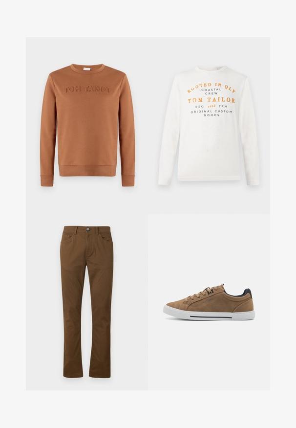 Brun langærmet crewneck-sweatshirt med præget tekst "TOM TAILOR 1962" på brystet, vist på en ensfarvet baggrund.; Hvid langærmet skjorte med orange og sort tekst, der læser "Rooted in QLY Coastal Crew Tom Tailor Reg 1962 TRM Original Custom Goods" på forsiden.; Brune lige bukser med forknytte og lynlås, for- og baglommer samt bæltestropper.; Brune ruskinds sneakers med beige snørebånd, hvid gummisål og en mørkeblå hælaccent. Har syede detaljer og et afslappet design.