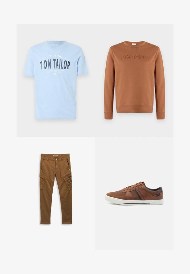 Brun langærmet crewneck-sweatshirt med præget tekst "TOM TAILOR 1962" på brystet, vist på en ensfarvet baggrund.; Lyseblå bomulds t-shirt med rund halsudskæring og korte ærmer. Den har kraftig sort trykt tekst: "TOM TAILOR" samt yderligere brandingdetaljer.; Brune lige cargo bukser med frontknap, bælte-loops, sidelommer og baglommer samt klaplukninger på lommen på låret.; Brune lædersneakers med en glat overflade, hvid gummisål, sorte accenter og dekorativ syning med sidelæg.